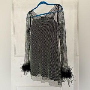 Rhinestone Mesh Dress with Feathers - Akira - Small